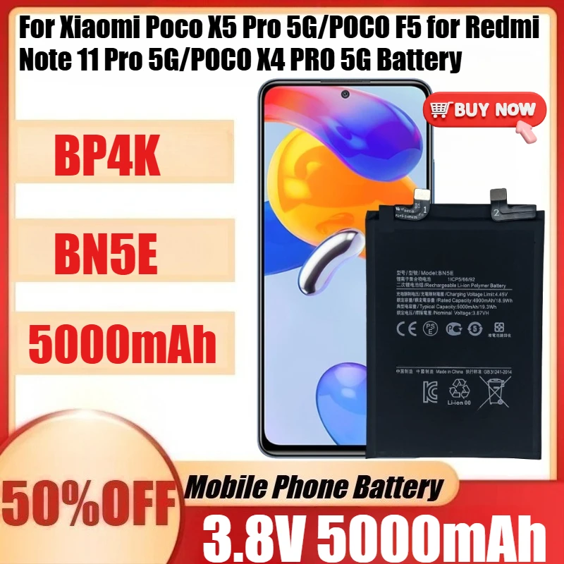 

New High Capacity BP4K BN5E Battery for Xiaomi Poco X5 Pro 5G/POCO F5 for Redmi Note 11 Pro 5G/POCO X4 PRO 5G Batteries