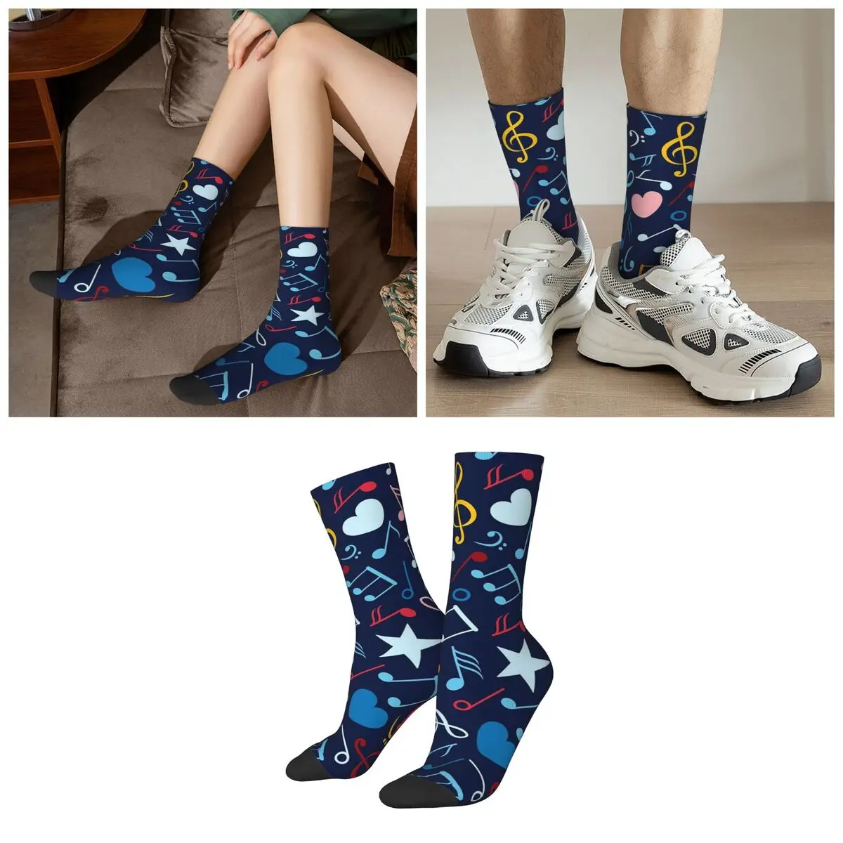 Vibrant Musical Note Design Socks Harajuku High Quality Stockings All Season Long Socks for Man Woman Valentine's Day Gifts