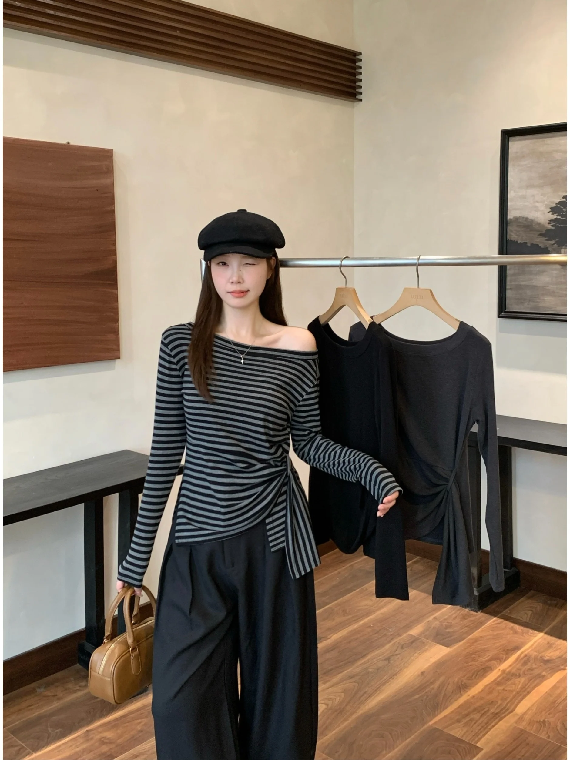 

Женская футболка больших размеров в корейском стиле, в полоску, асимметричная, с длинным рукавом, утягивающая, с эффектом утяжки талии, осенняя модная женская одежда