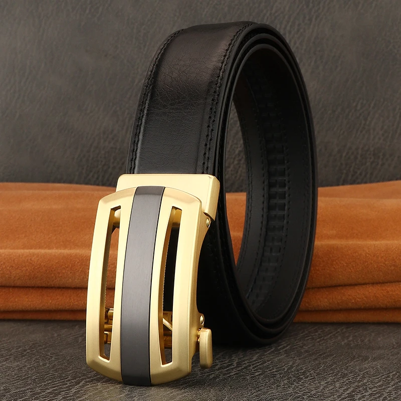 

High quality luxe marque gold Automatic Buckle belts men designer black genuine leather cowhide Business suit ceinture homme