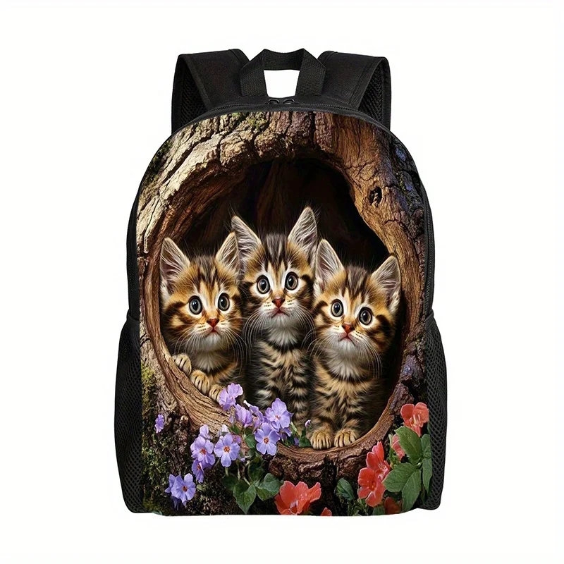 

Рюкзак-переноска для кошек в форме дупла дерева с 4 милыми котятами табби и цветочным принтом - прочная сумка из полиэстера, регулируемый плечевой ремень.