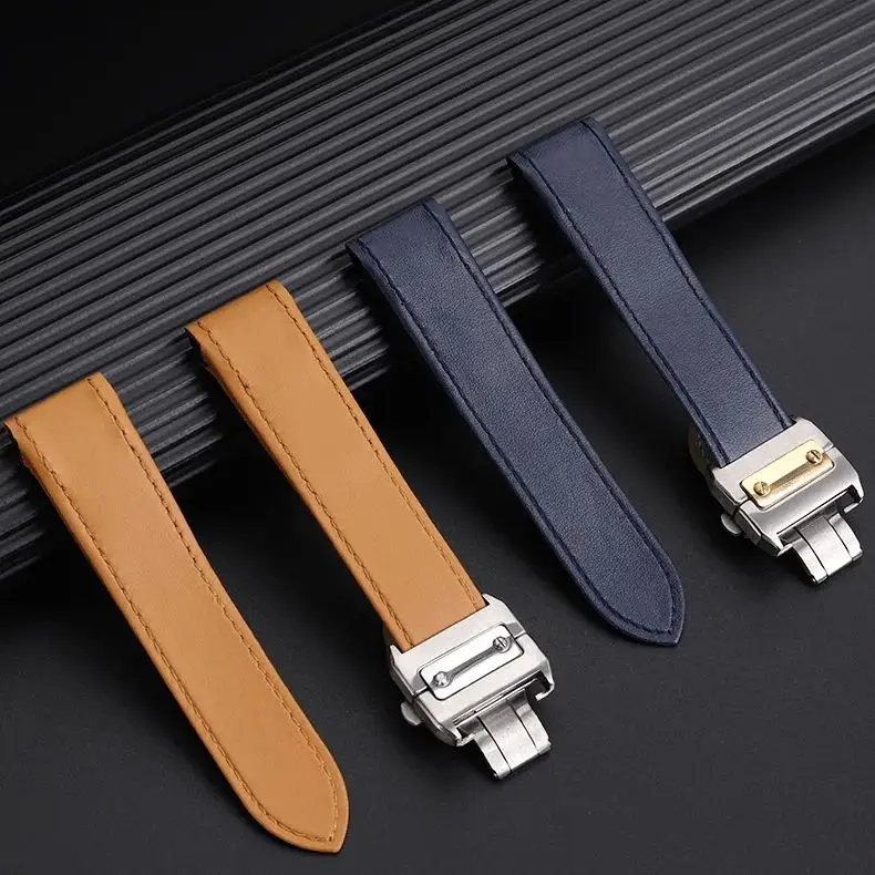 For Cartier Sandoz 100 Cow Leather Watchband Santos Waterproof men's and women's leather Watch Strap 23MM Soft Blue Bracelet