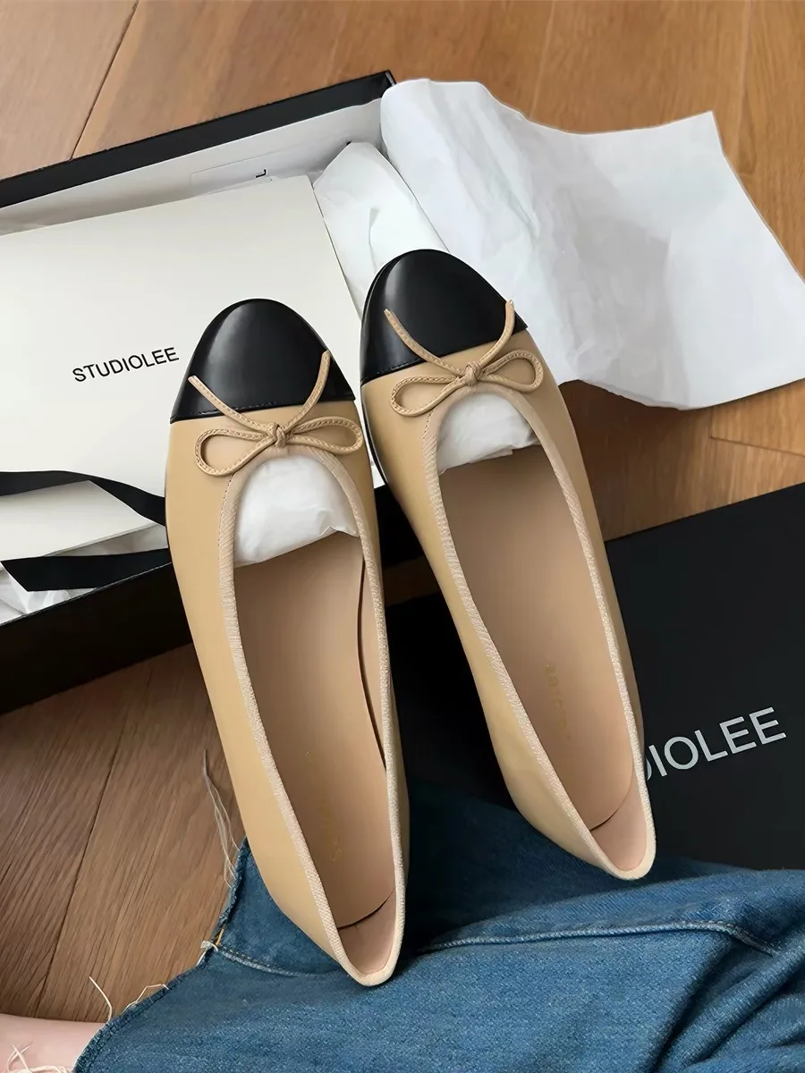 Elegantes-ballerines-en-cuir-avec-nœud-bout-rond-talon-plat-tendance-couleurs-assorties-surface-douce-semelle-en-caoutchouc