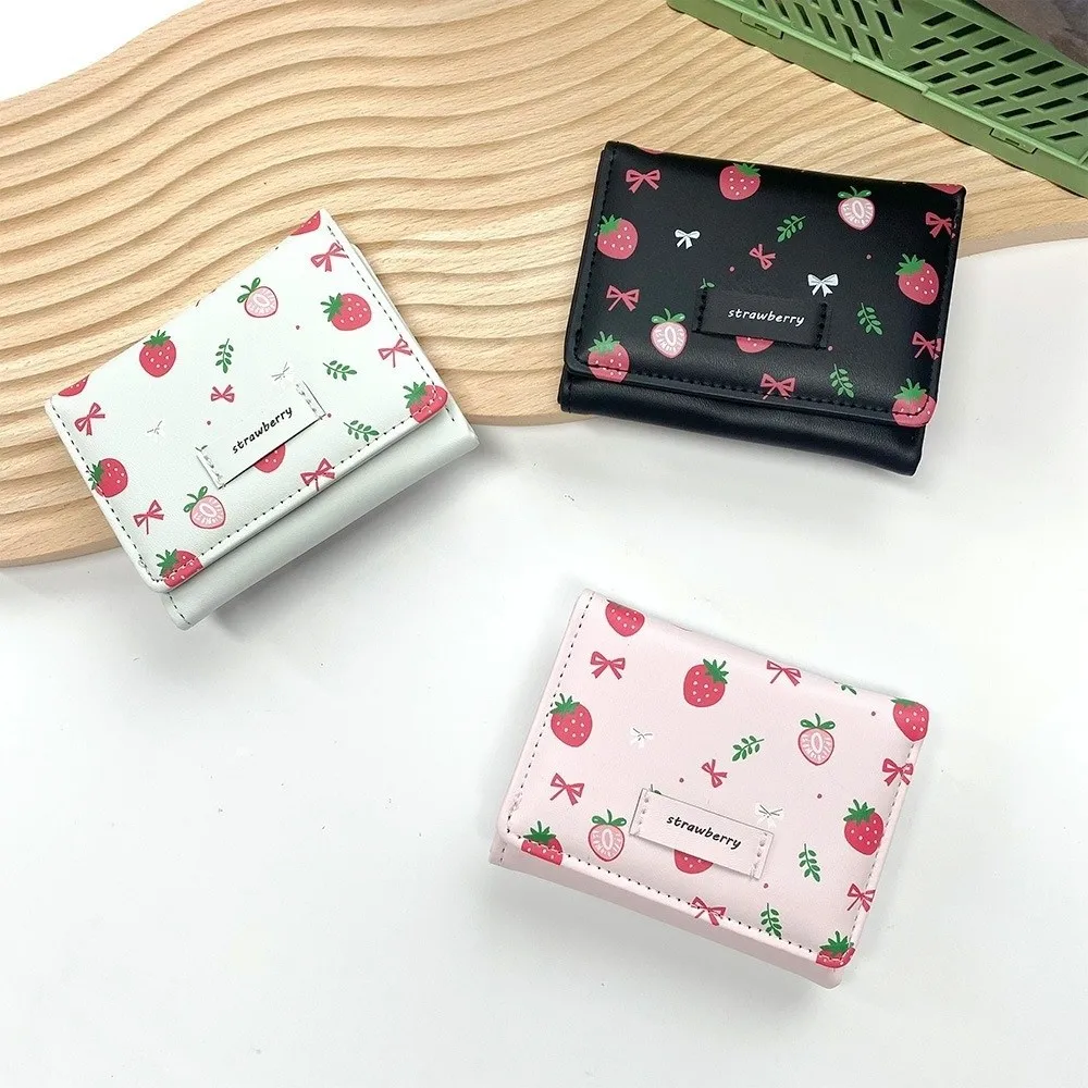 Cute Strawberry Tri-fold Wallet Printing Korean Style PU Leather Wallet Bow Folding Card Holder Student