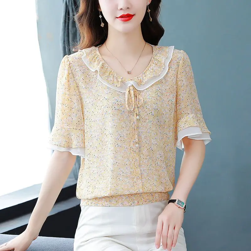 2023 Summer New Loose Fit Lacing Pullover Women\'s Blouse Fashion Round Neck Patchwork Ruffles Fragmented Printed Chiffon Shirt