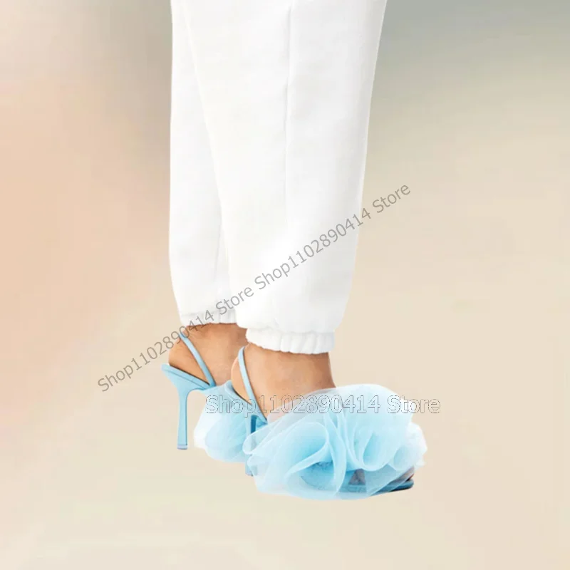 

Sky Blue Pleated Mesh Flower Design Open Toe Sandals Slip On Women Shoes Thin High Heels Fashion Party 2025 Zapatos Para Mujere