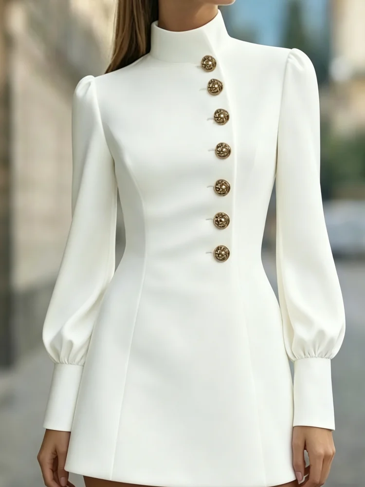 Mini Dress Women Stand Collar Puff Long Sleeve Gold Buttons Slim Fit Elegant Elegant Wedding Guest Evening Dress