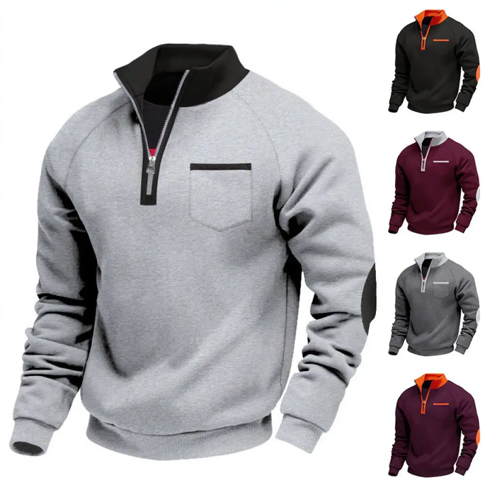 Winter Mens Sweatshirt Fleece Lined Zipper Stand Collar Patchwork Casual Pullover Streetwear Long Sleeve Tops