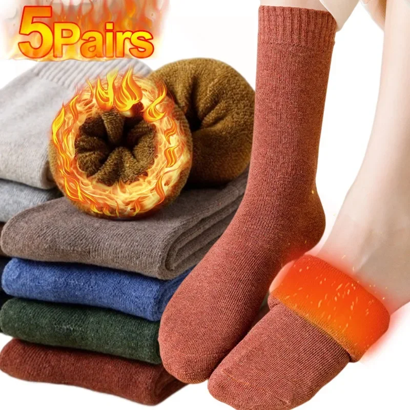 1/5pairs Winter Wool Socks Dikke Warme Effen Kleur Thick Harajuku Retro Koude Slip Mode Toevallige Kasjmier Antifreeze Sokken