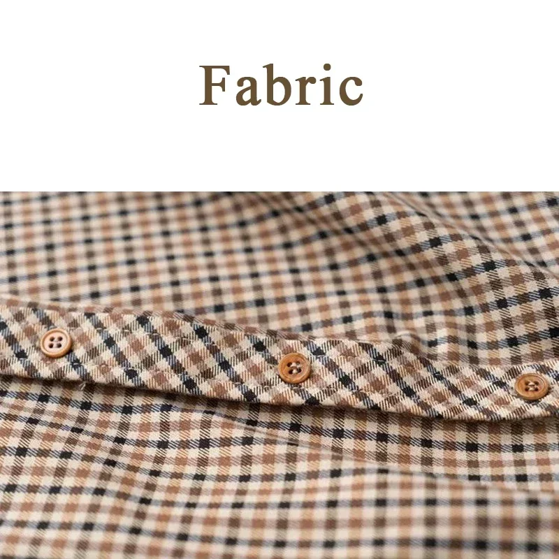 All-match Shirt Women Brown Plaid Vintage Simple Elegant Female Long Sleeve Preppy Style Tops Turn-down Collar Wooden-Buttons