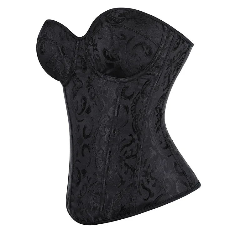 Womens Black Jacquard Overbust Corset Top Bustier Lace Up Waist Cincher Shapewear Party Clubwear Sexy Vintage Retro Chic
