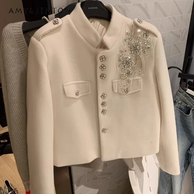 

French Design Heavy Rhinestone Decorated Stand Collar Woolen Women's Coat 2025 Winter Warm Down Liner Versatile Coats Ladies