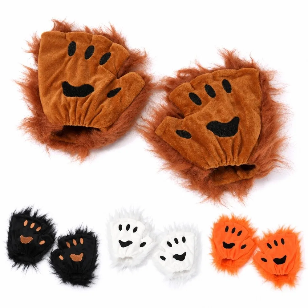 Kawaii Faux Fur Cat Paw Gloves Cute Bear Paw Plush Fingerless Mittens Soft Winter Warm Furry Animal Paws For Halloween Props