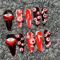 Ręcznie robiona prasa na paznokcie Punk Dark Style Halloween Fałszywe paznokcie Czarno-czerwone straszne gałki oczne Długie migdałowe sztuczne paznokcie