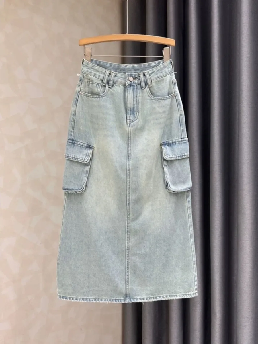 Slimming Long Denim Skirt with 3D Pockets for Women Summer New Style Commute High Waist Cotton Leather Washed A-Line Skirt
