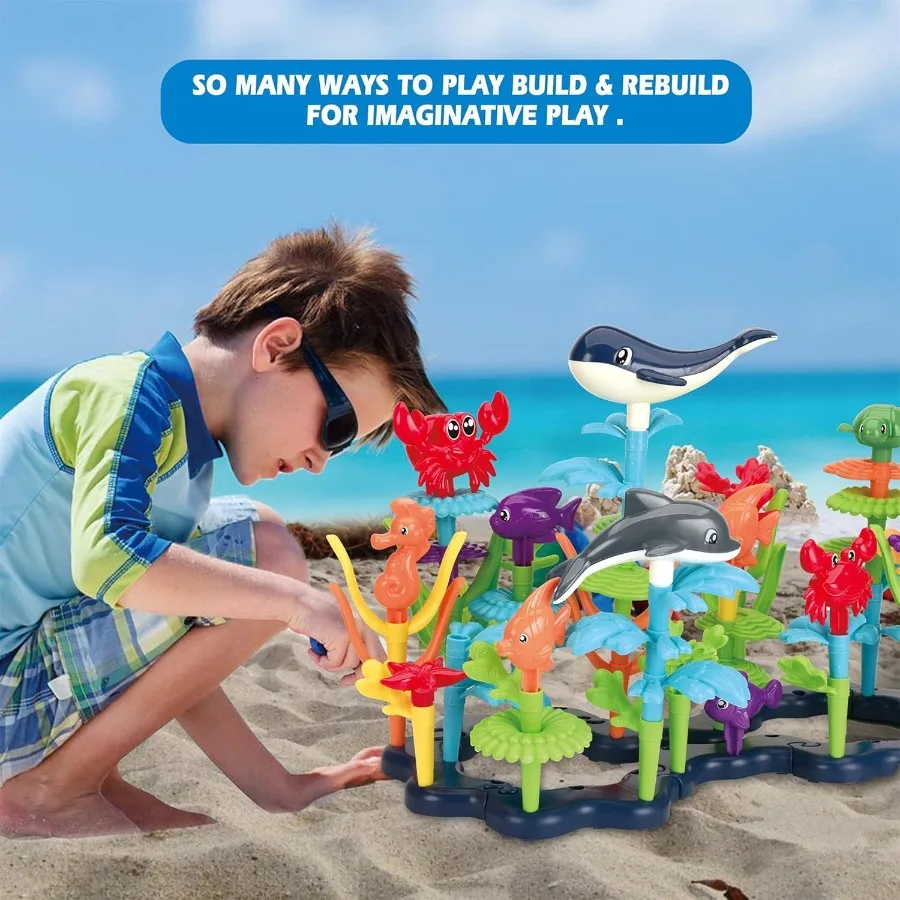 Ocean Reef 125 pcs Building Toy Set for Toddlers and Age 3 4 5 6 Year Old Boys and Girls Stacking Reef Garden Building Toy STEM