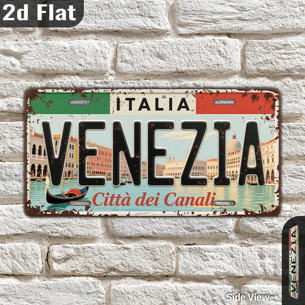2D Flat - A 2D Metal Sign Featuring Vintage Italian Design, Made of Aluminum, Showcasing Venice. This Retro City Decoration