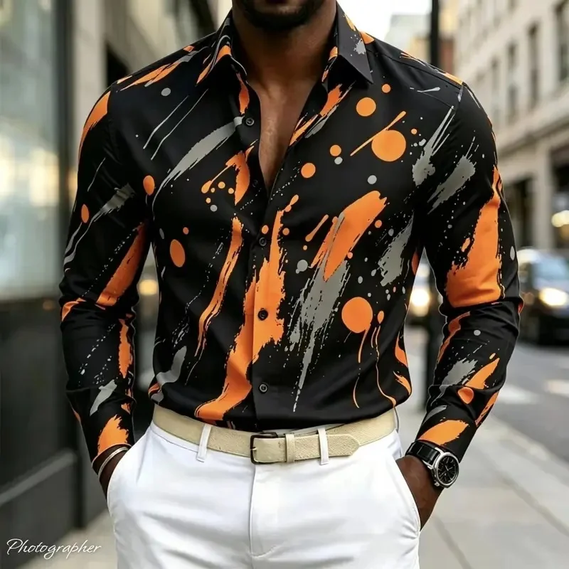 Graffiti and ink splatter printed men's art shirt, men's long-sleeved shirt, contrasting color lapel casual fashion shirt.