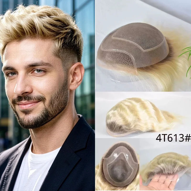 Human Remy Hair Men Hairpiece Hair Topper Lace+Pu Hollywood 8x10 6inch Color T4-613 #4 Ready Stock