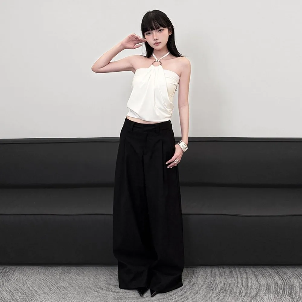 เสื้อกล้ามสไตล์ใหม่ SylCue 2025 สำหรับผู้หญิง แบบผูกคอ ประดับห่วงโลหะ ตัดต่อผ้า โชว์ไหล่ โชว์หลัง แฟชั่นสตรีท จับจีบ ดีไซน์หรูหรา