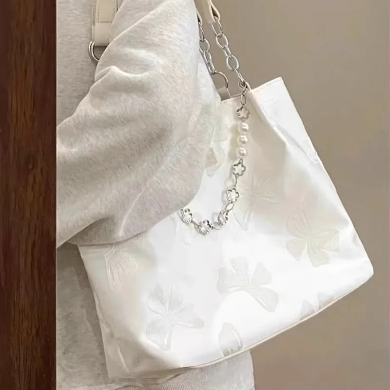 Xiuya White Shoulder Bag for Women Bow Elegant Large Capacity Tote Bag Aesthetic Simple Casual Exquisite Fashion Ladies Handbag