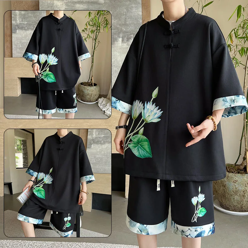 Summer Fashion Trend Printed Short Sleeve T-shirt Set Men's Casual Loose Sports Breathable Large Size High-Grade Two-Piece Set