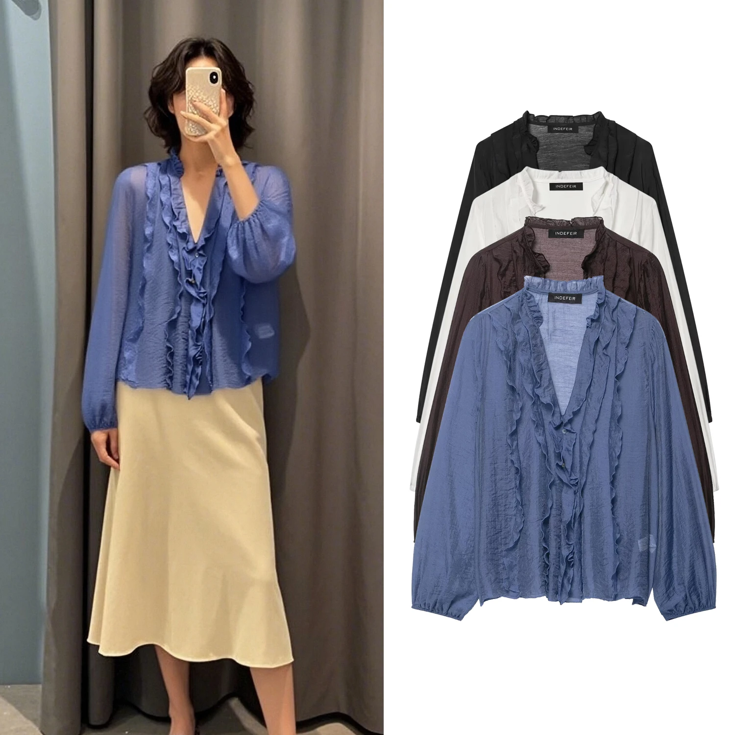 

Женские блузки с рюшами, весна-лето, с длинным рукавом, многослойные, с V-образным вырезом, сексуальные, повседневные, модные, универсальные