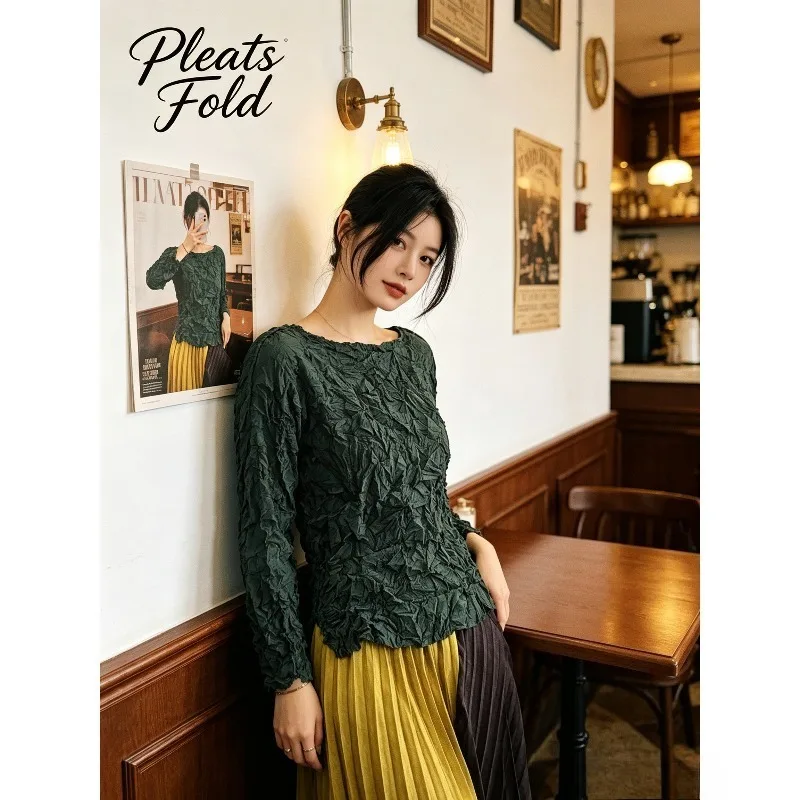 Miyake Pleated 2026 New Summer Slim Fit T-Shirt Top for Women Fashionable Slim Design Wrinkle-Free Non-Pilling Pleated Top Pleat