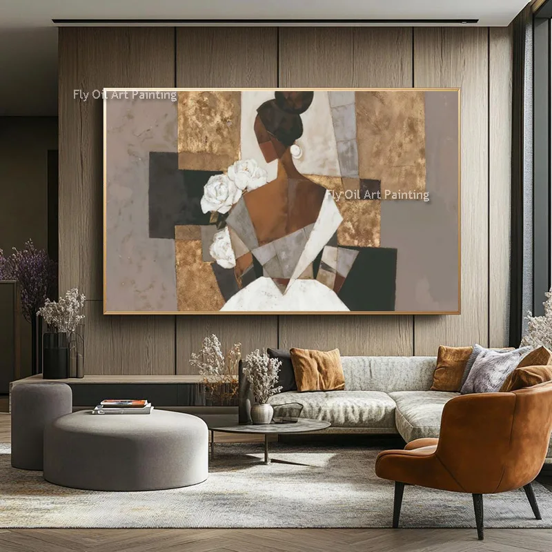 Gray Yellow White Girl Back Artwork Hand Made Golden Yellow Couple Dancing Oil Painting On Canvas Special Black Women Wall Decor