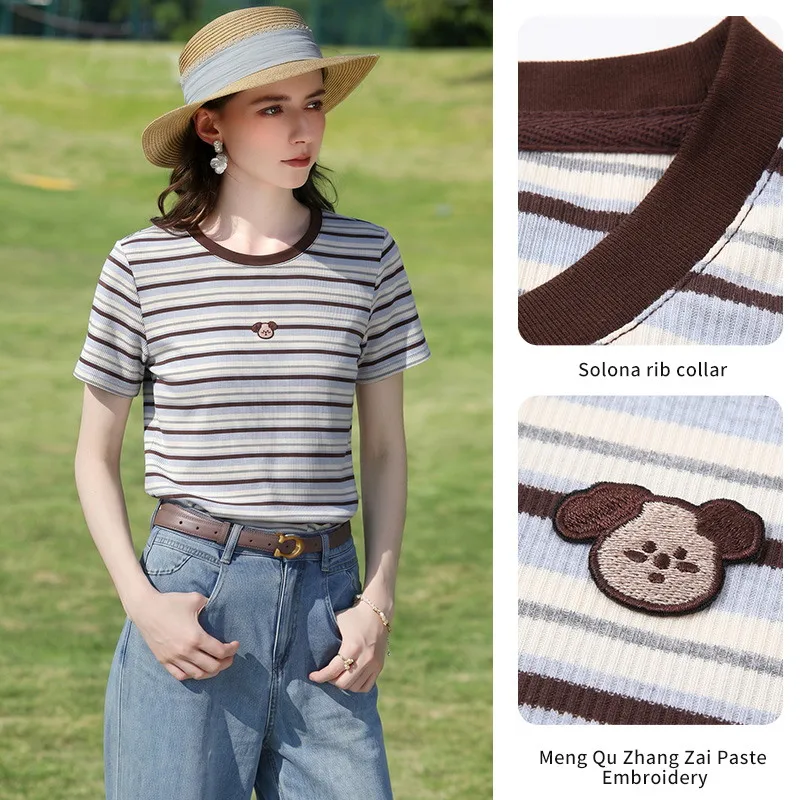 I BELIEVE YOU Retro Striped Ribbed T-Shirt 2026 Summer Cute Bear Patch Embroidery Crew Neck Short Sleeve Casual Top 2262016463