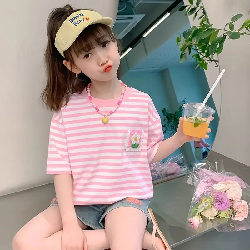 2026 New Girls Summer T-Shirt Kids Short Sleeve Cute Korean Inspired Casual Tee Breathable Top for Little Girl Trendy Outfit​