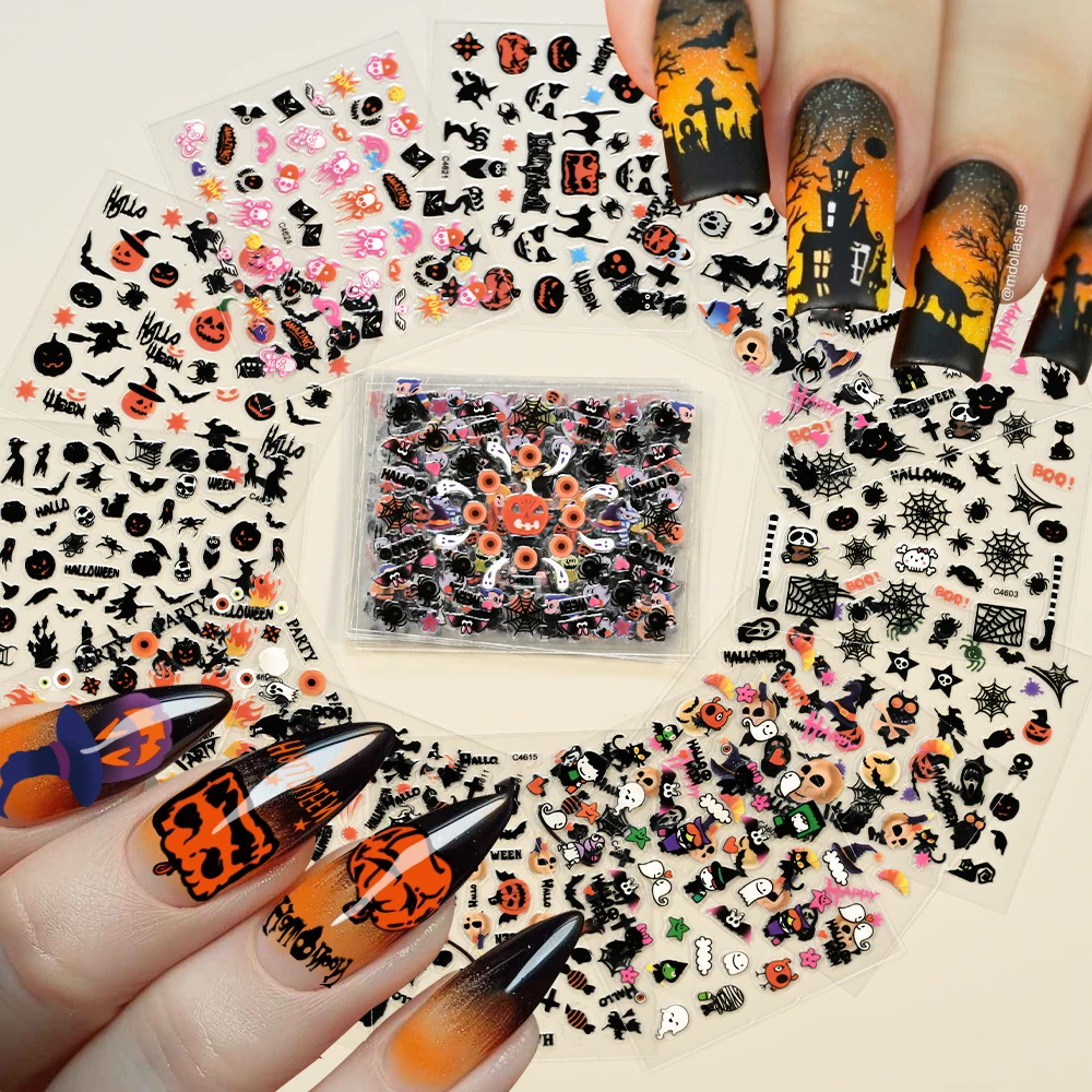 

24pcs 3D Halloween Nail Stickers Cartoon Pumpkin/Ghost/Bat/Skull/Spider Nail Decals Festival Self-adhesive Manicure Sliders &K