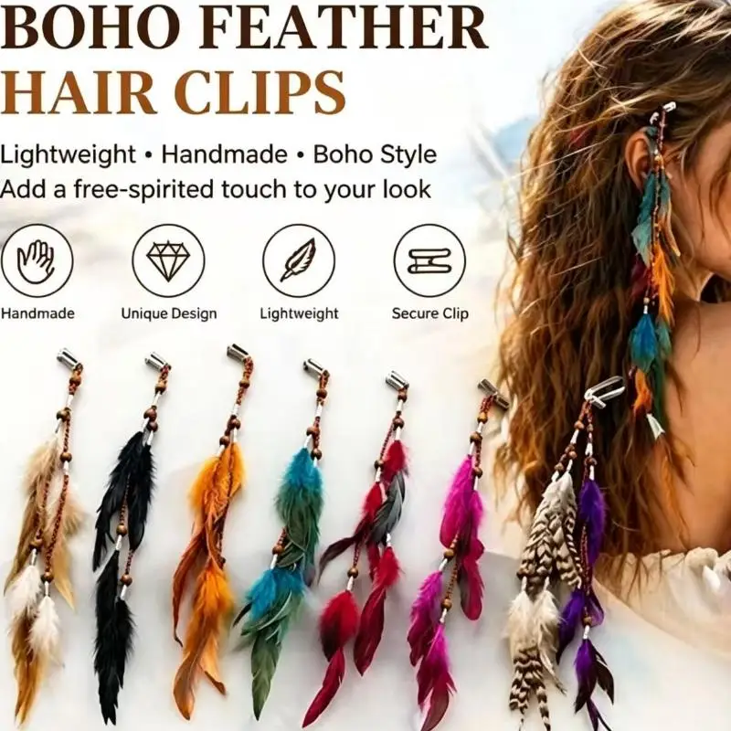 Bohemian Ethnic Feather Hair Clip Vintage Fringe Hair Band Handmade for Women Wedding Bridesmaid Costume Accessory