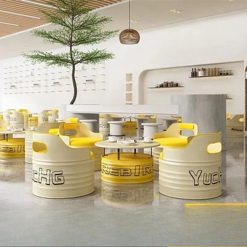 Industrial Modern Wrought Iron Restaurant Furniture Set Booth Bar Table Oil Drum Chair Red 4 Seat Cafe