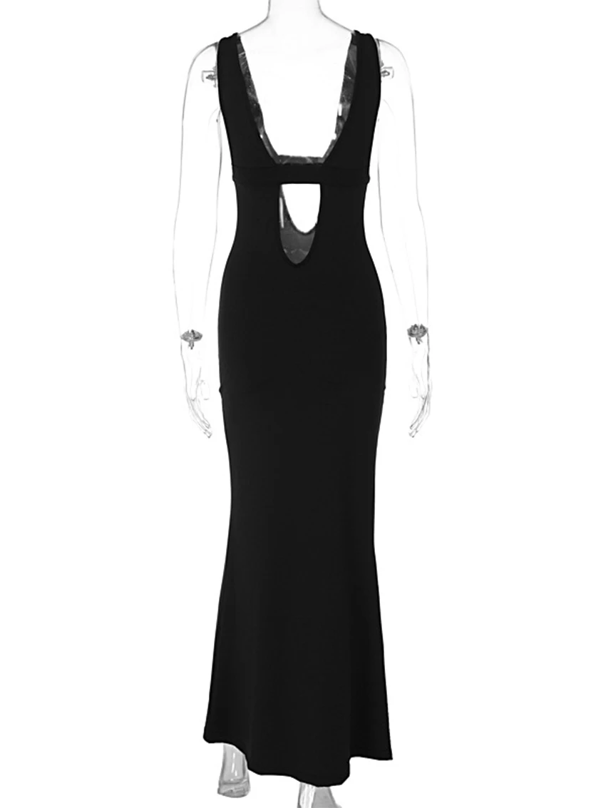 Parc Fee Sexy Slim Black Knitted Dress Lady Summer V-Neck Sleeveless Maxi Dress Streetwear Hollow Out Party Dresses For Women