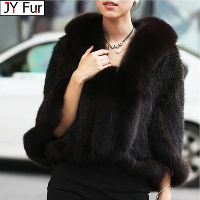 

Luxury Ladies Autumn Winter Genuine Knitted Mink Fur Shawls Fox Fur Collar Women Fur Pashmina Wraps Bridal Cape Coat Jacket