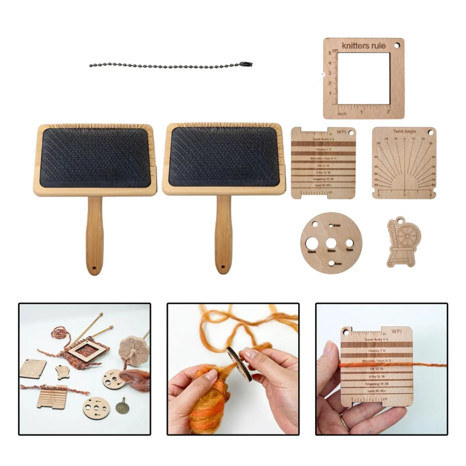 Wood Knitting Gauge Ruler Set Wool Needle Felting Brushes Multifunctional Practical Wool Carders Yarn Gauge Needle Felting Tools