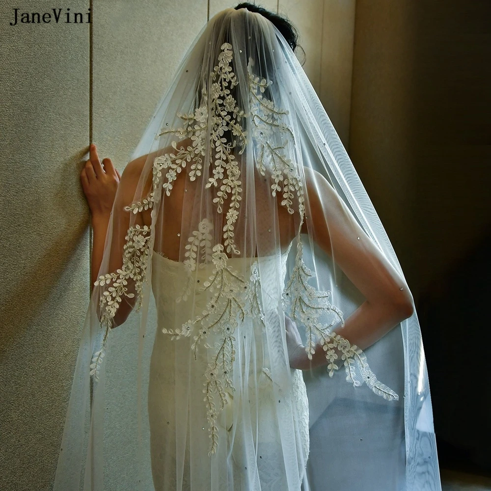 JaneVini-Elegante Coreano Marfim Véus De Noiva Com Pente, 1 Tier Lace Applique, Cristal Macio Tulle Veil, Acessórios Do Cabelo Do Casamento