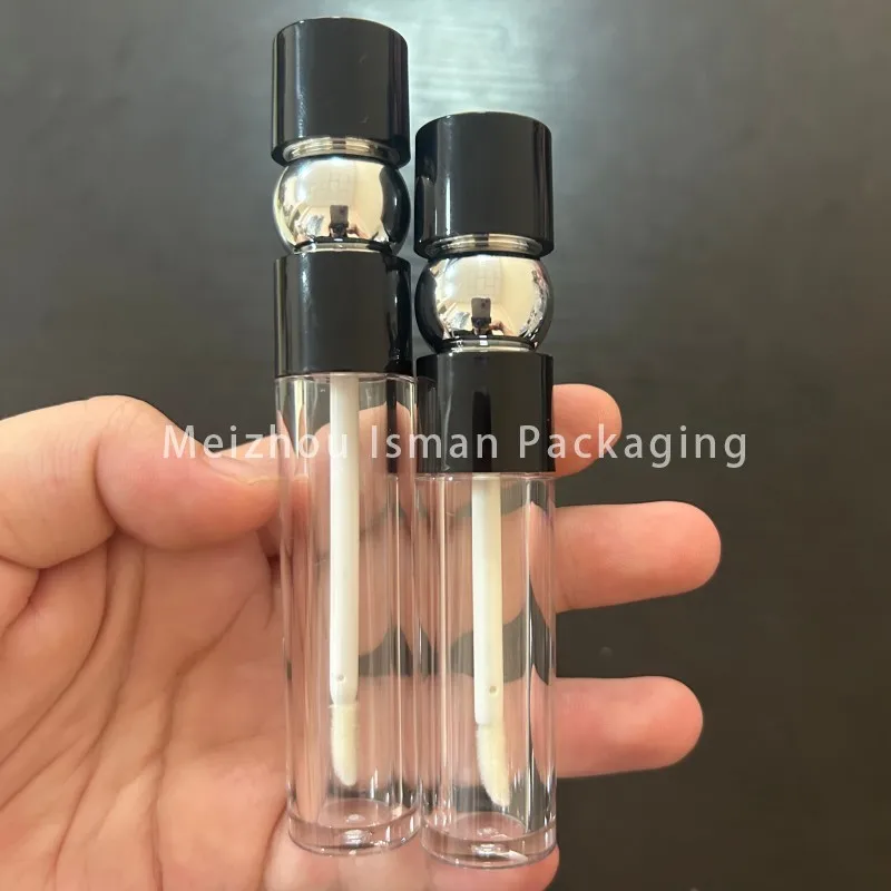 50pcs Empty refillable round black lip gloss tubes sliver ball Long short cylindrical lip glaze tube with wands brush 6ml 3ml