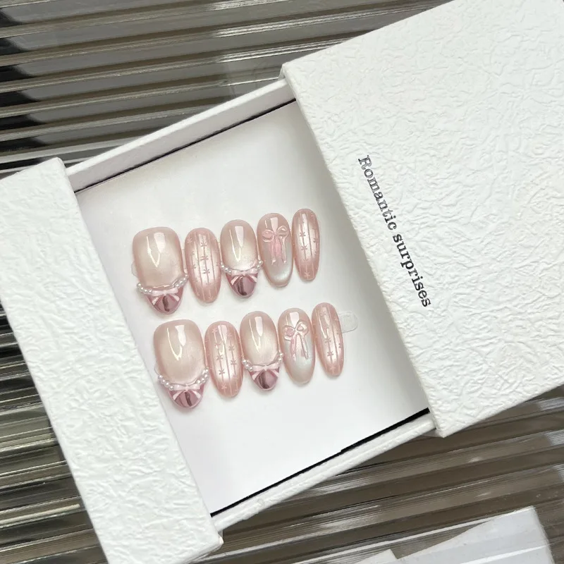 10pcs Handmade Sweet Bow Press on Nails Glass Bead Cat Eyes Design INS Korean Fake Nails Wearable French Almond False Nails