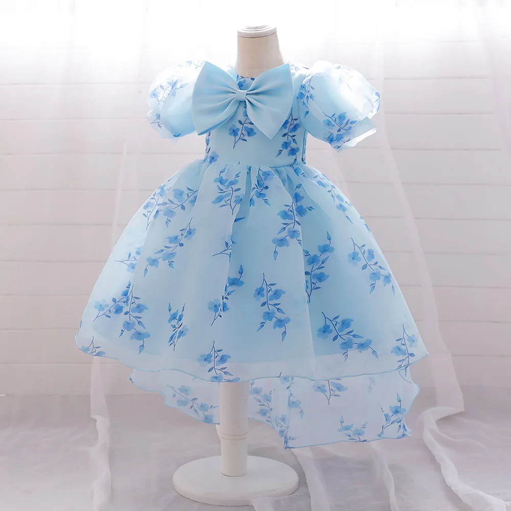 Baby Girls Trailing Party Dress Toddler Girl Blue Summer Fashion Dresses Kids 1st Birthday Princess Gown Children New Clothes