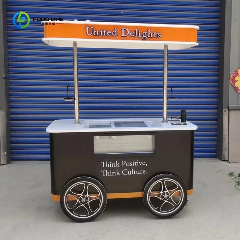 Small Hand Push Coffee Ice Cream Cart Display Freezer Snack Chips Vending Street Sale Support Custom