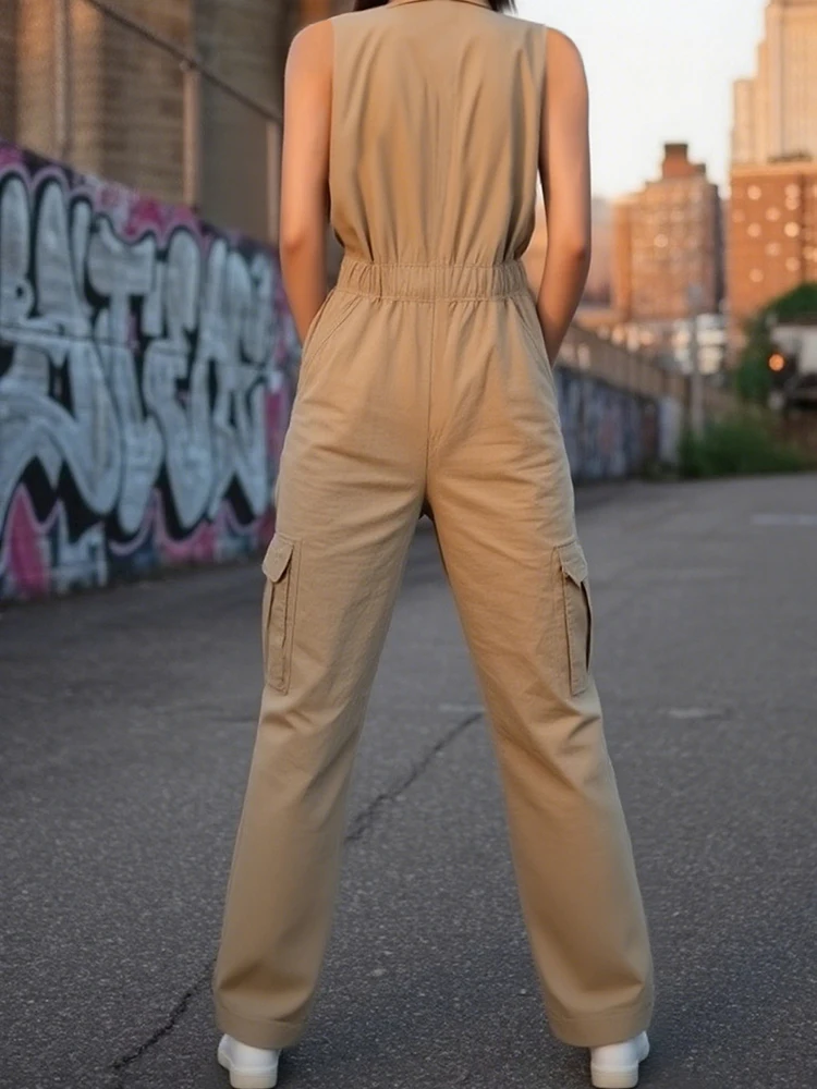 Kombinezon damski bez rękawów z klapami, elegancki, jednolity kolor, zapinany na zamek, idealny do pracy, letni, nowy, z wysokim stanem, z kieszeniami, kombinezon damski, ogrodniczki.