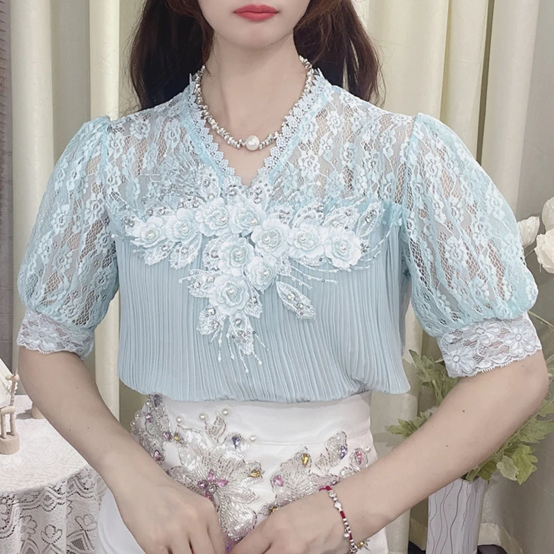 

Summer 2023 Puff Short Sleeve Lace Shirts Elegant V Neck Chiffon Blouse with Flowers Women Mujer Loose Pleated Ladies Tops 26584