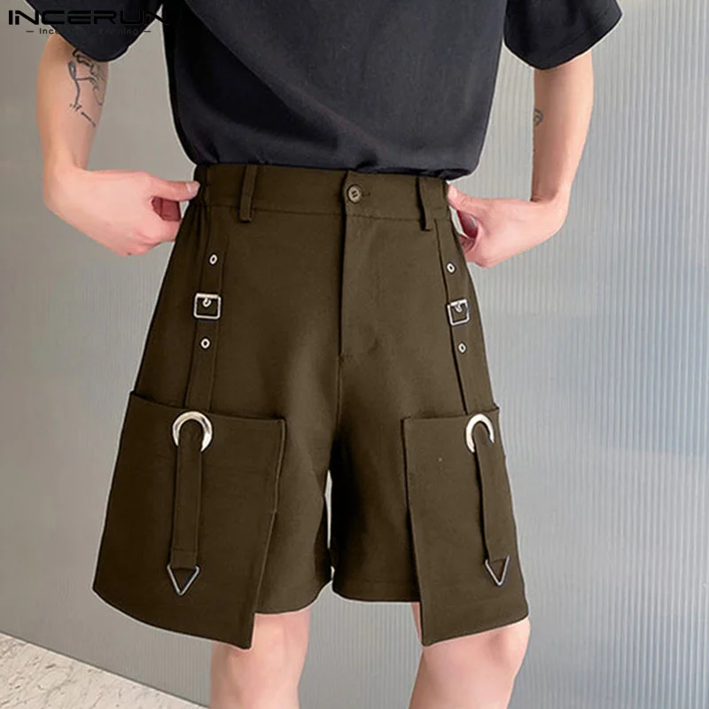 INCERUN 2024 Korean Style Shorts Mens Metal Buckle Design Casual Shorts Fashion Male Streetwear Waist Elastic Solid Shorts S-5XL