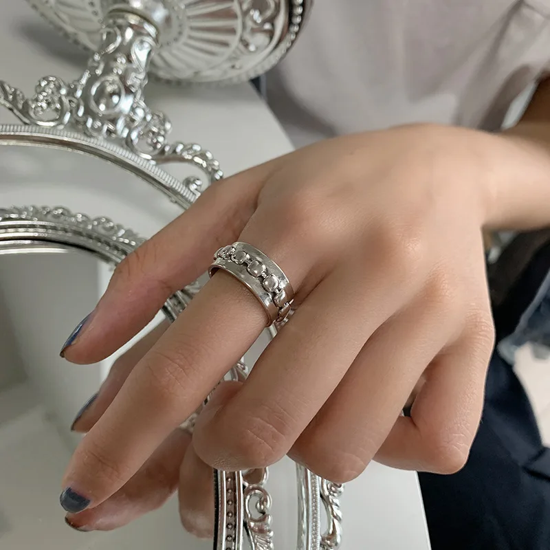 925 Sterling Silver Geometry Double-Deck Chain Rings For Women Exquisite Elegant Wide Fine Jewlery Accessories
