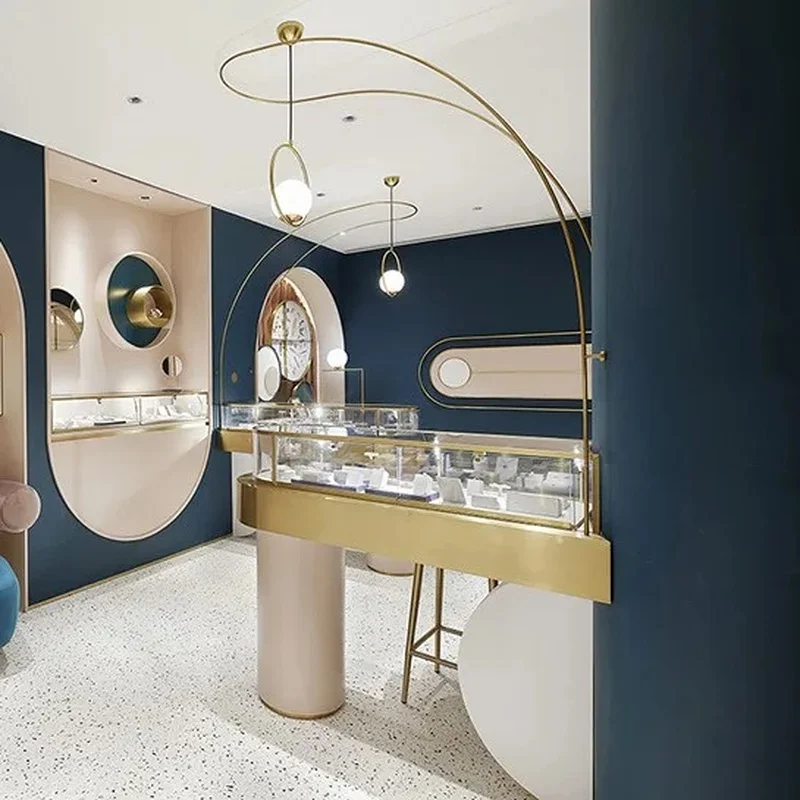 custom.Shop Design High-end Luxury Jewelry Display Cabinet LED Light Eco-Friendly Glass Back Gold/Blue/White Colors Bright Surfa