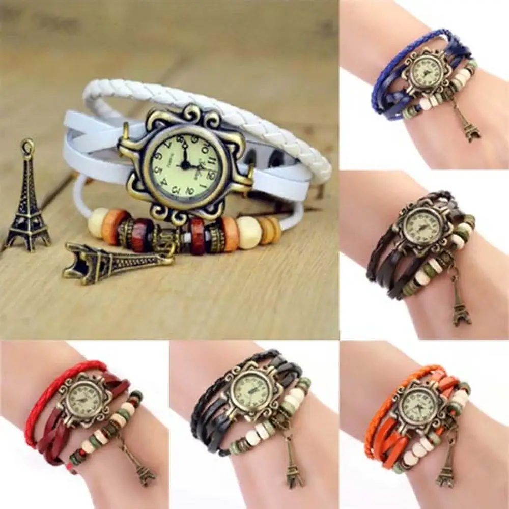 Quartz Wristwatch for Women Vintage Eiffel Tower Multilayer Braided Faux Leather Bracelet Wrist Watch