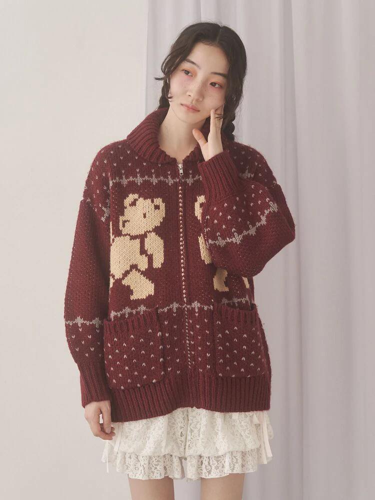 Frühling und Herbst Mädchen japanischen Stil süße süße Bär Jacquard Strickjacke Student täglich lässig gestrickte Jacke Pullover