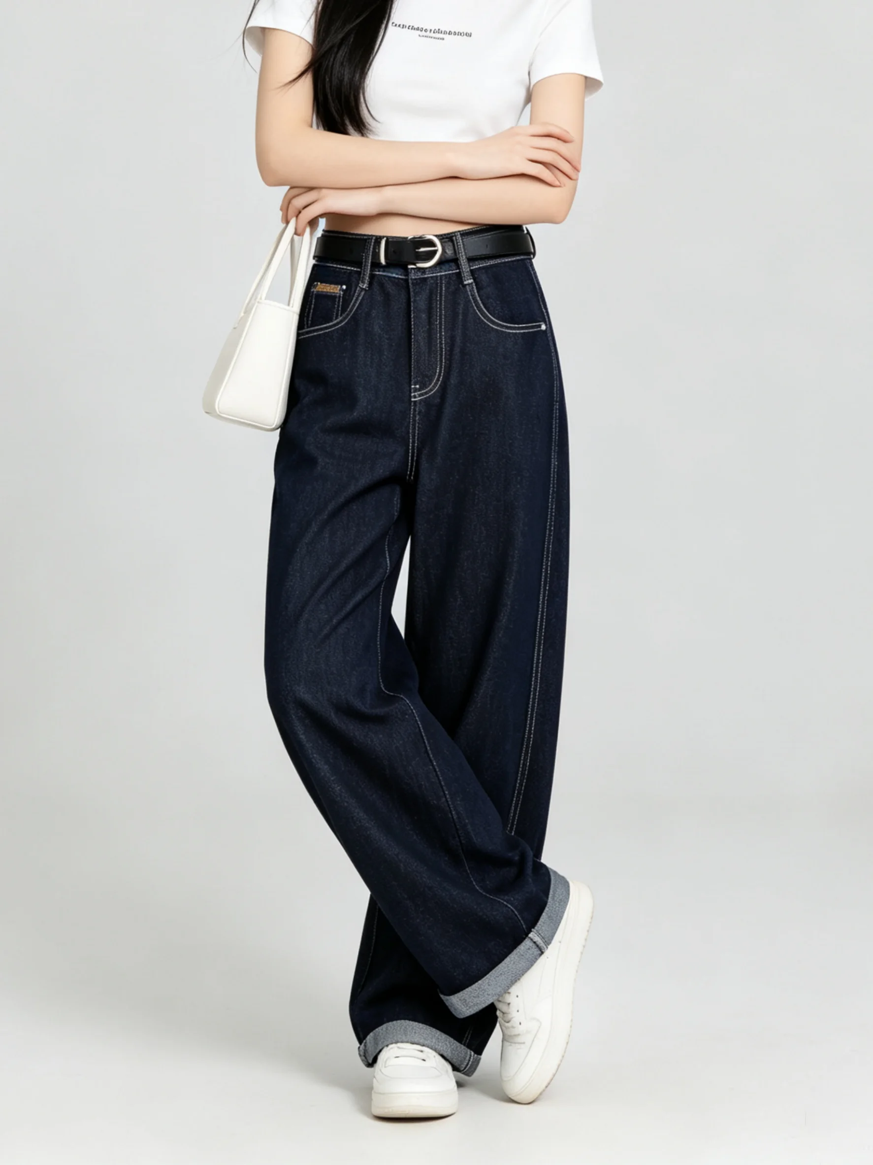 Slimming High Waist Wide Leg Casual Jeans Skin-friendly Versatile Autumn Cuffed Knife  Pants for Young Women